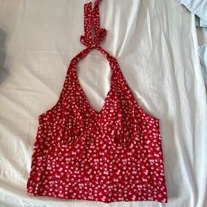 Red halter top with white flowers